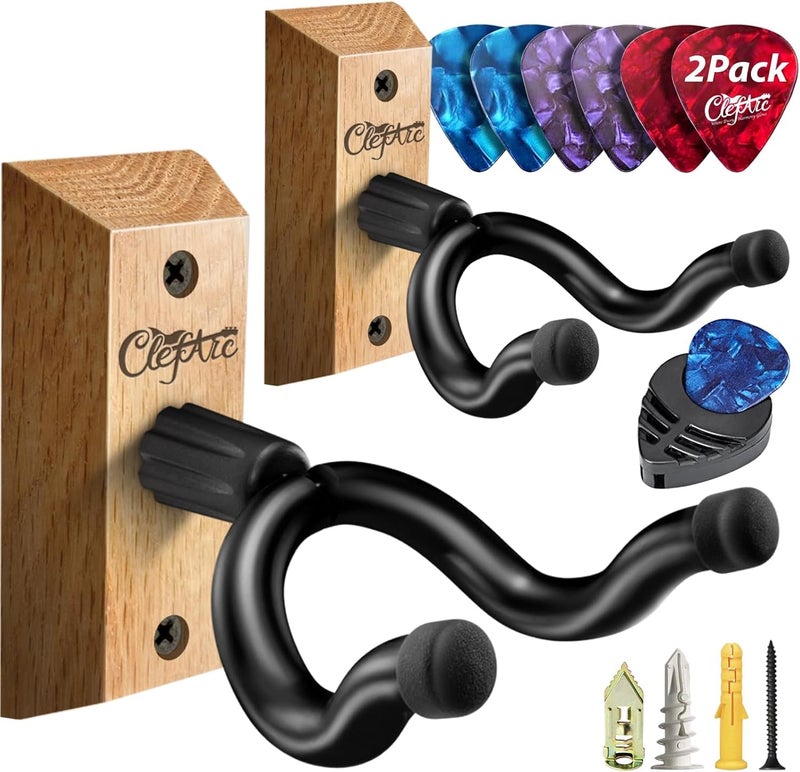 ClefArc Guitar Wall Mount Red Oak - 2 Pack U-Shape Guitar Wall Hangers, Guitar Picks, Pick Holder, Guitar Stand Wall, Wood Guitar Hanger, Gifts for Guitarists, with 6 Assorted Guitar Picks - Image 1